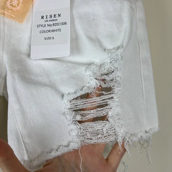 NWT Risen White High Rise Distressed Mid Thigh Jean Shorts - Picture 5 of 7